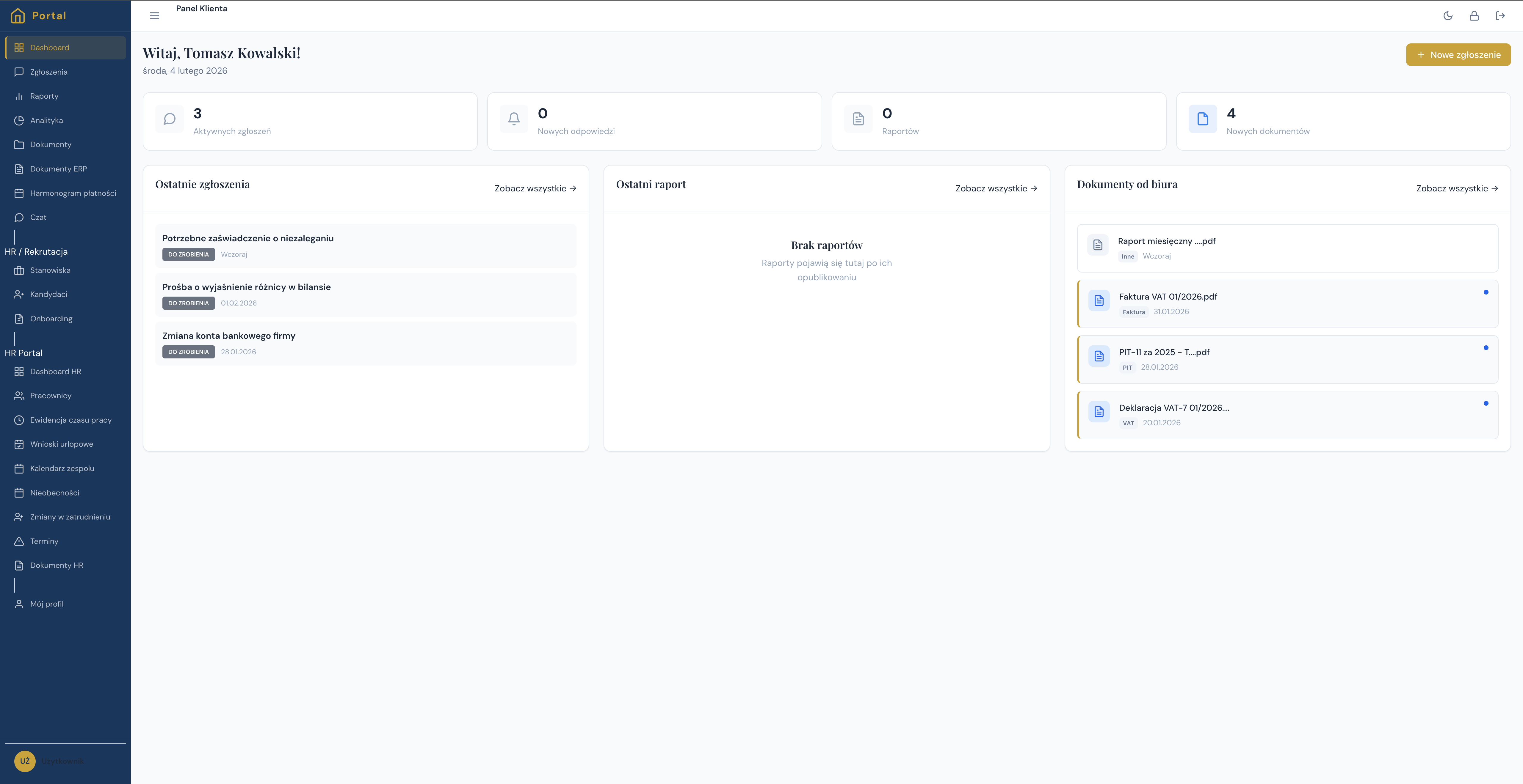 Dashboard portalu klienta COMPAX